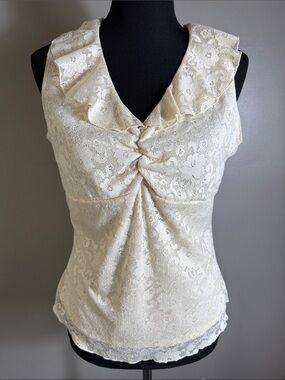 Vintage Fashion Bug Cream Lace Overlay Ruffled V-Neck Sleeveless Top Sz XL